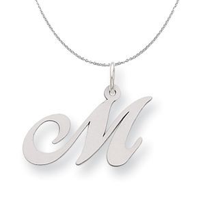 Silver, Ella Collection Medium Fancy Script Initial M Necklace - 16 In